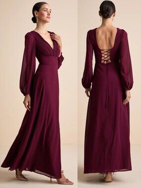 NWT Lulus Marvelous Affair Pleated Open Back Lace-Up Maxi Dress Burgundy L